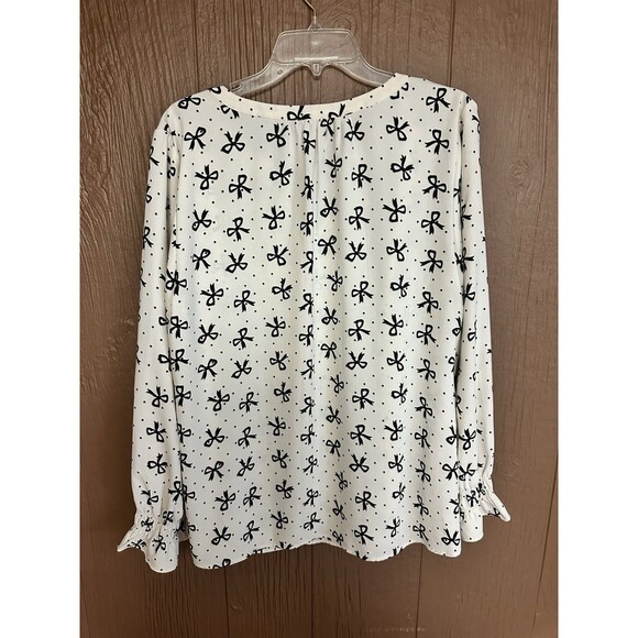 Talbots Ivory Bow Ribbon Print Long Sleeve Elastic Cuff Top Blouse Size XL Work - Picture 6 of 6